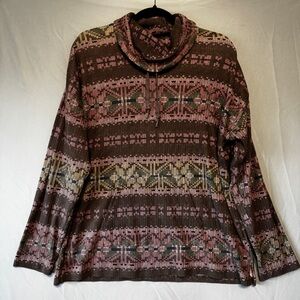 Chaps Womens Fair Isle Mock Neck Top Large Cotton Southwest Aztec Cottagecore